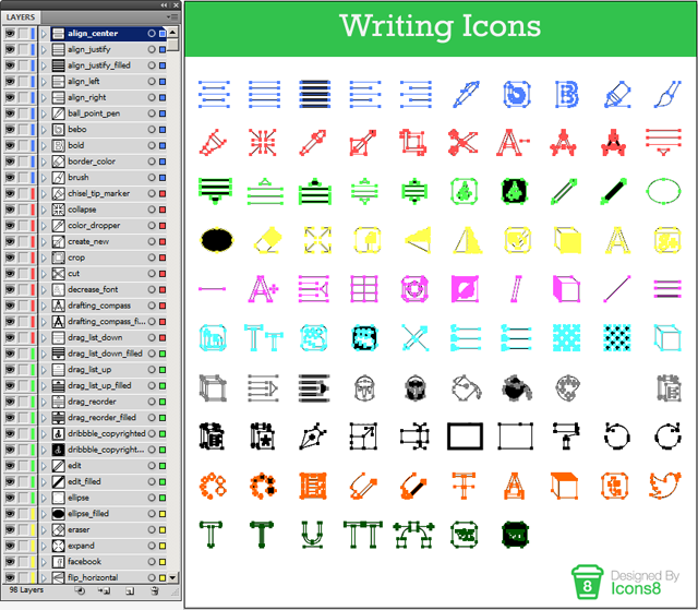 The editable source files of the icons are well-organized.