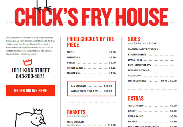 Image of a restaurant website: Chick's Fry House