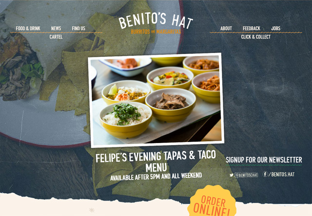 Image of a restaurant website: Benito's Hat